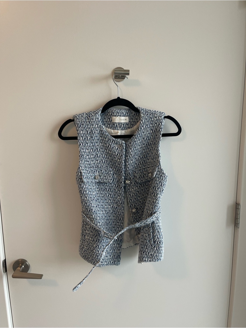 Zara Sleeveless Textured Tweed Vest Jacket - Blue & White